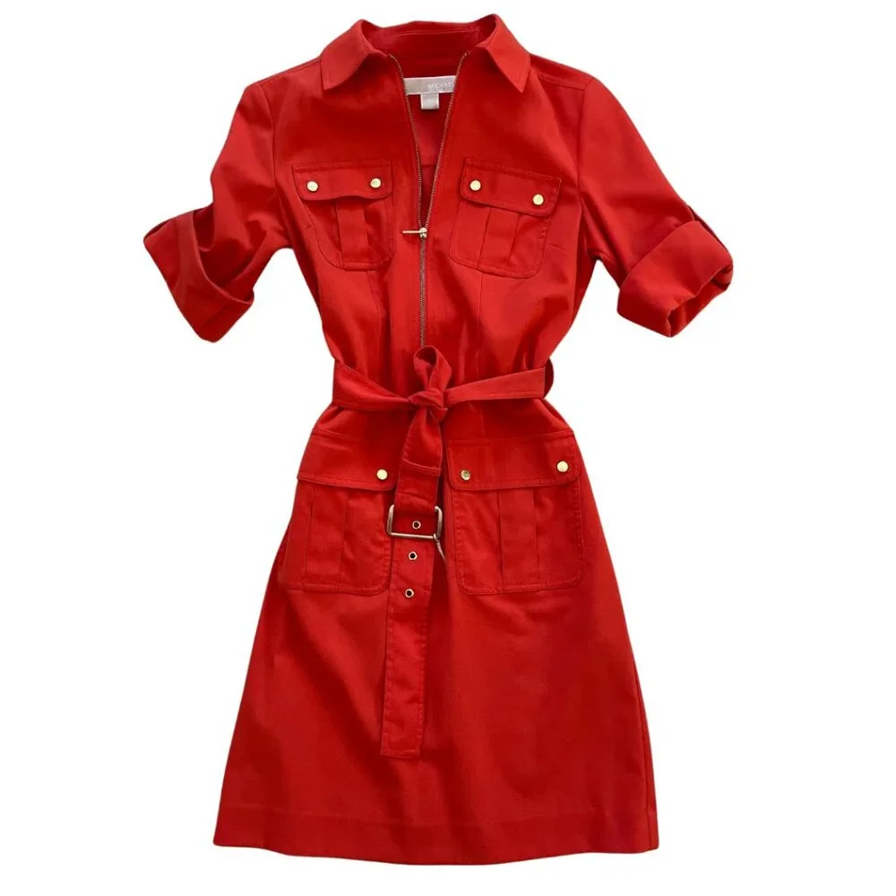 MICHAEL KORS || Mandarin Red Orange Shirt Dress with Belt - Picture 1 of 7